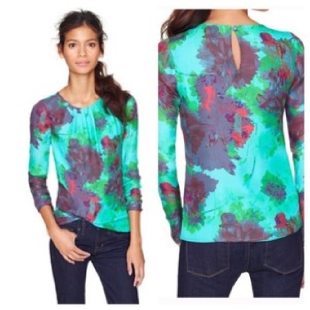 J. Crew Vibrant Green Flower Silk Blouse